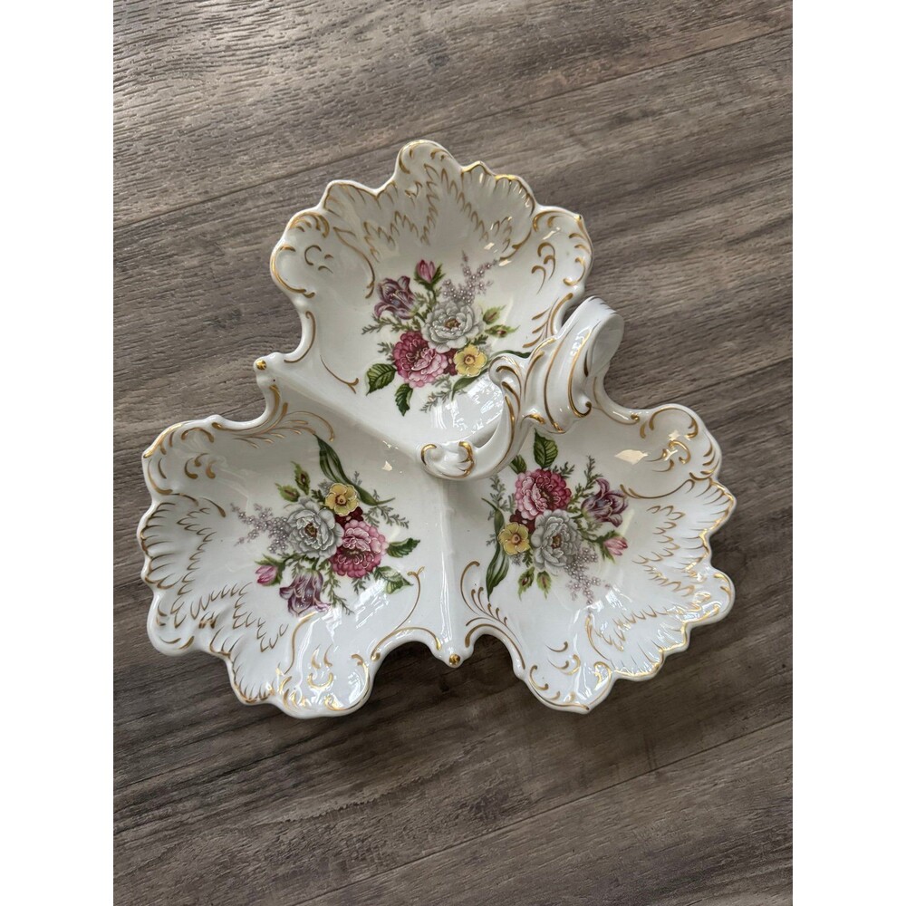 vintage porcelain Victorian-style three-section handled large floral dish